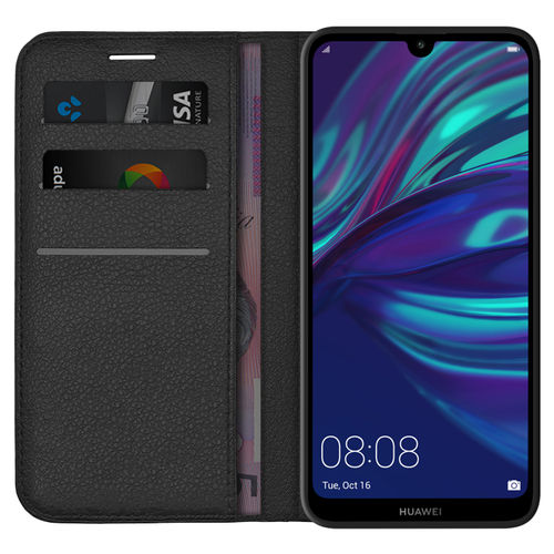 Leather Wallet Case & Card Holder Pouch for Huawei Y7 Pro (2019) - Black